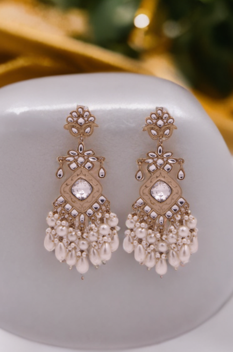 Elegant Kundan & Pearl Chandelier Earrings